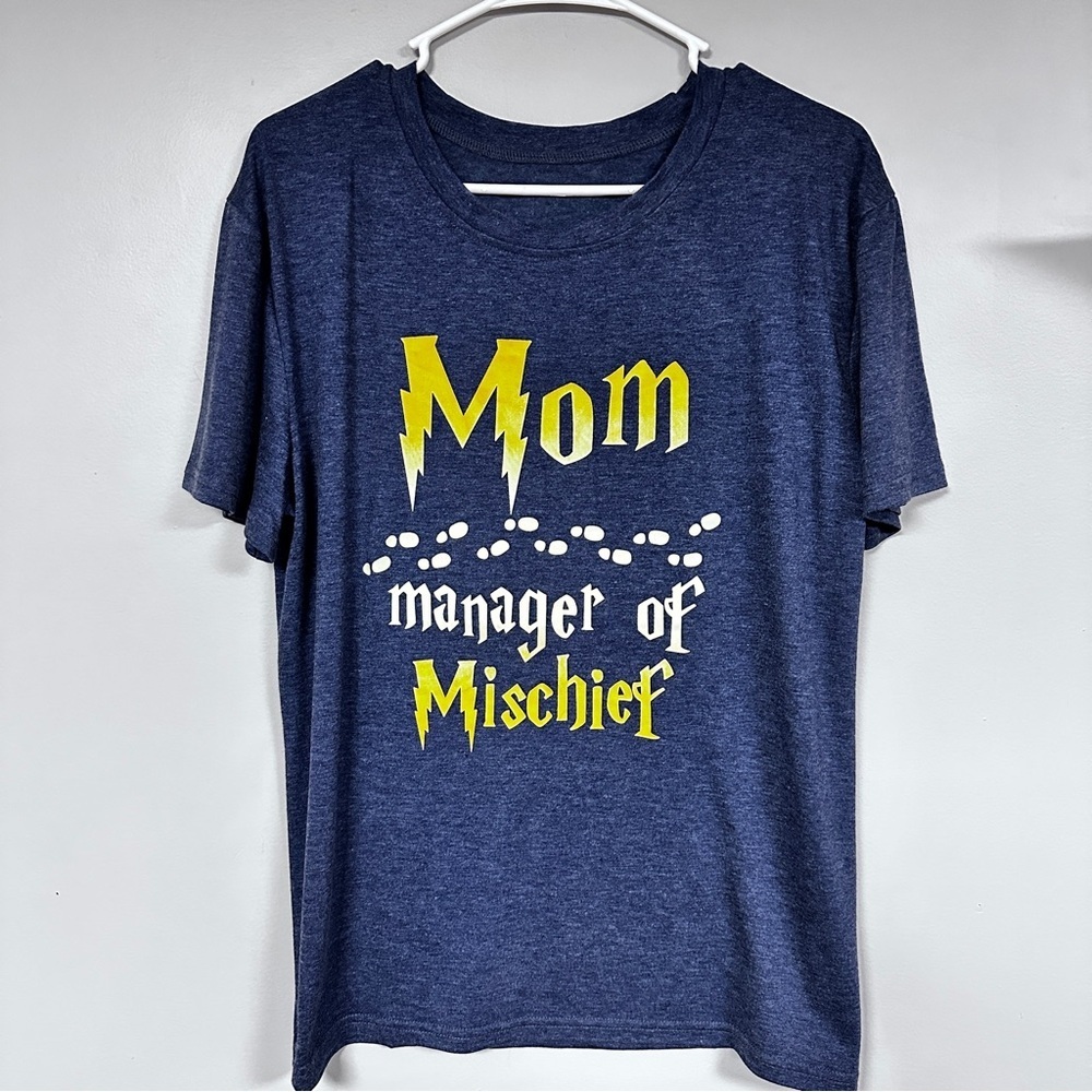 'Mom Manager of Mischief' short sleeve tee, Blue and Yellow, Large, EUC! - Picture 2 of 5